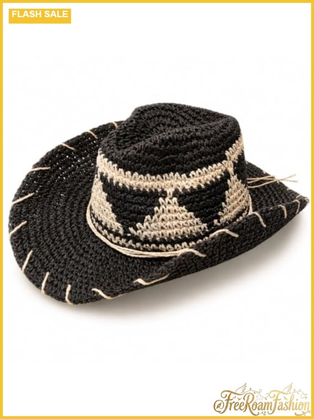 Crocheted Toyo Straw Cowboy Sun Hat Whip-Stitched Brim Beach Travel